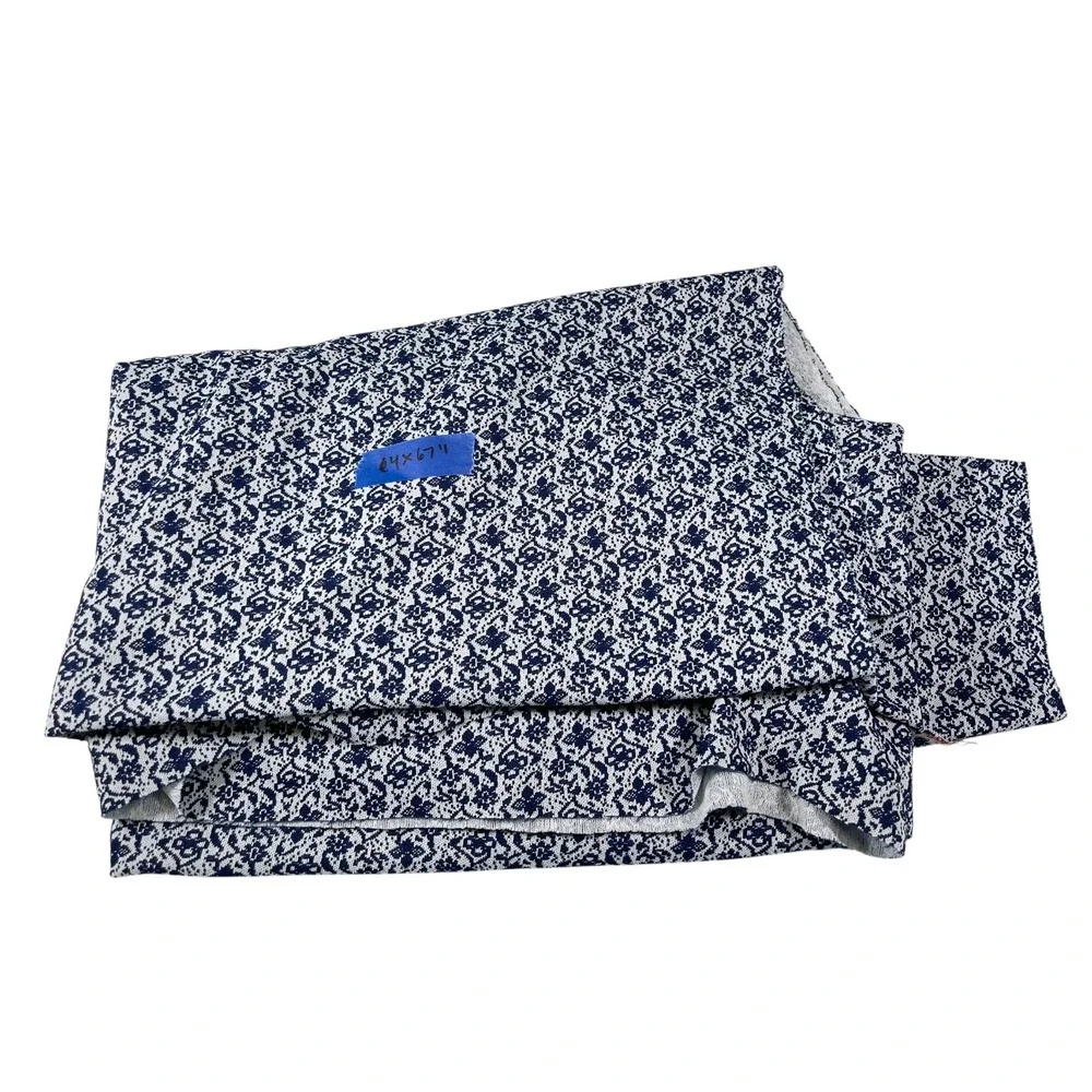 64x67 Navy Blue Floral Knit Fabric Damask Print‎ Textile Material Cottagecore